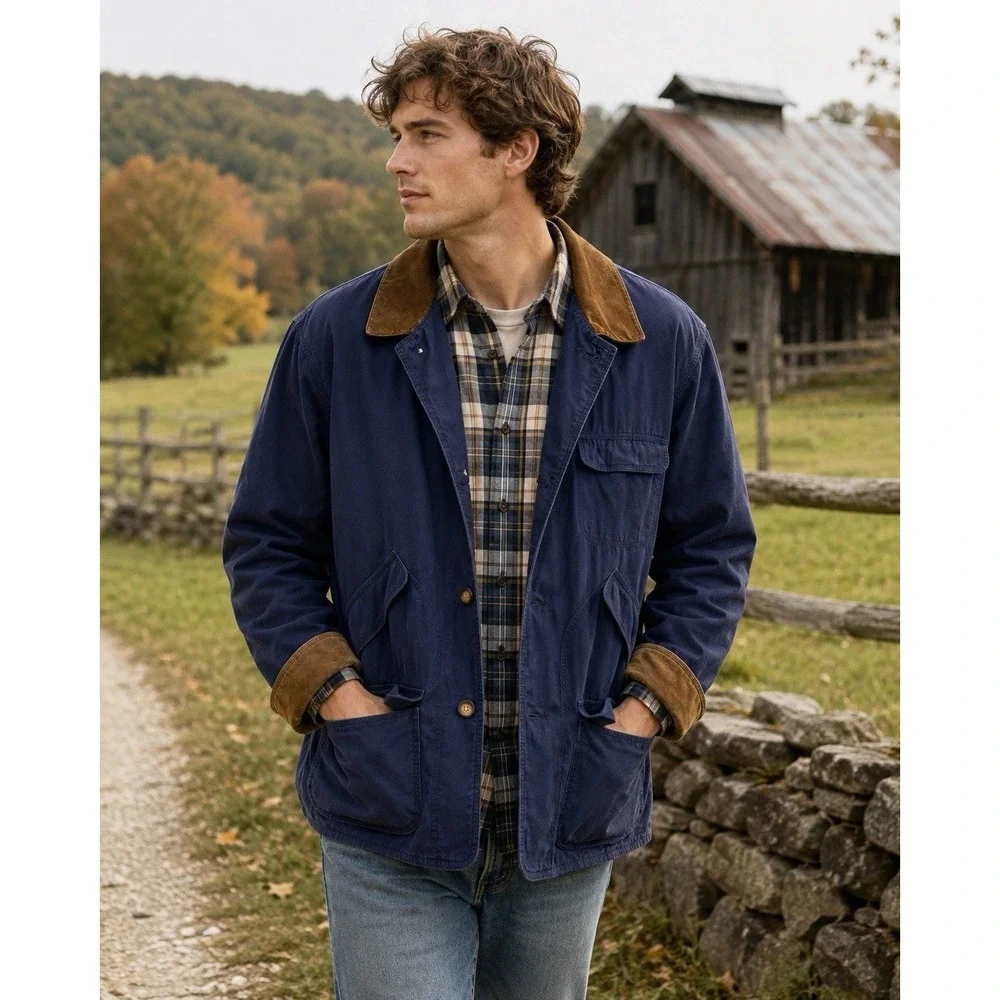 Vintage J Crew Chore Coat L Navy Barn‎ Jacket Flannel Corduroy Collar Americana